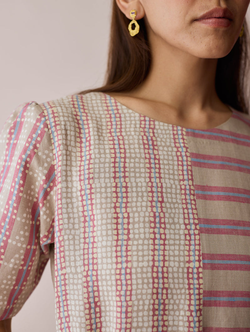Sola Patchwork Block-Printed Linen Dress-Natural linen dress by Manan in off white for women in Singapore