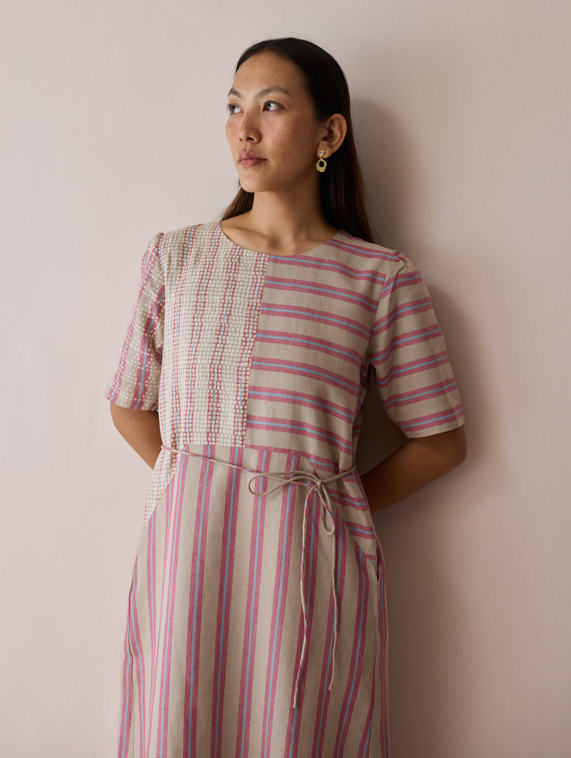 Sola Patchwork Block-Printed Linen Dress-Natural linen dress by Manan in off white for women in Singapore