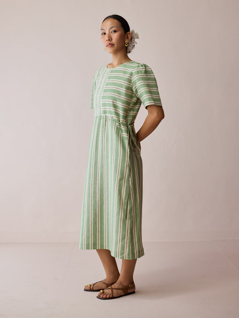 Sola Patchwork Block-Printed Linen Dress-Fern linen dress by Manan in green for women in Singapore