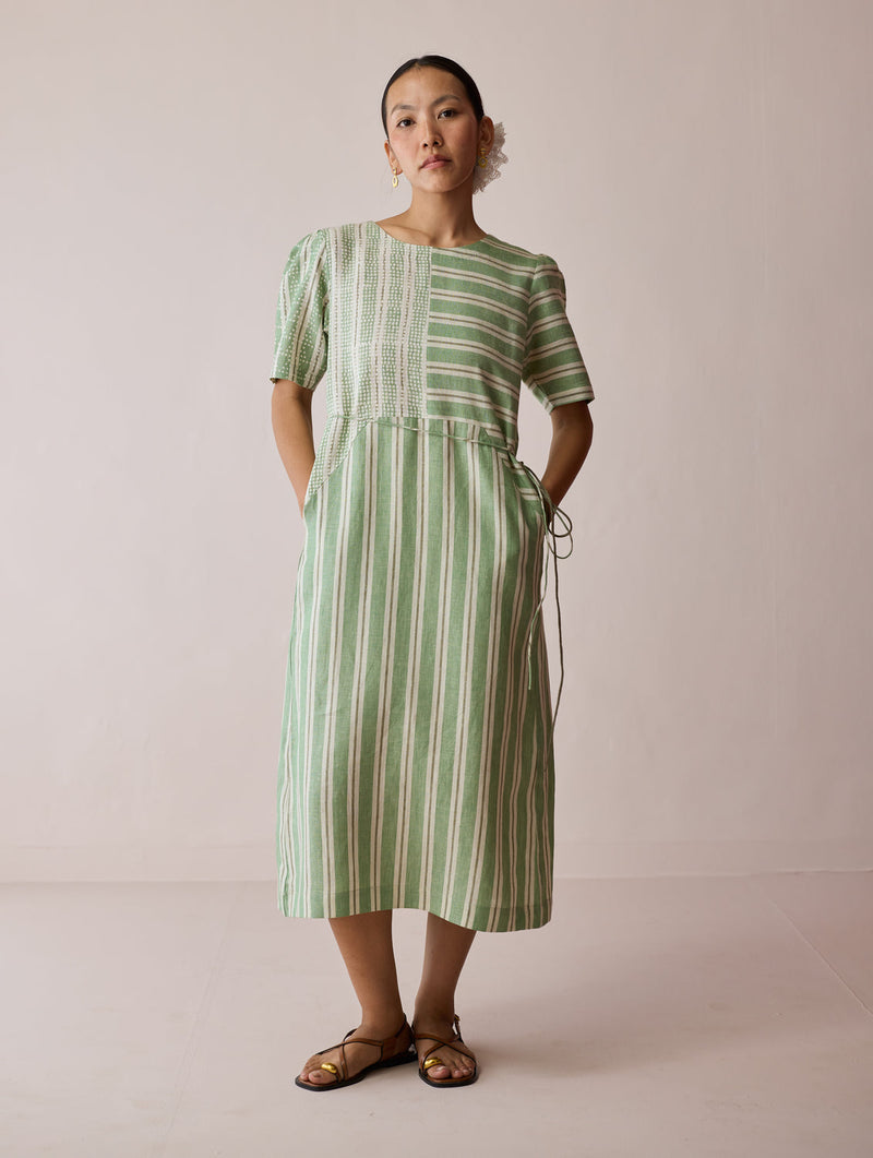 Sola Patchwork Block-Printed Linen Dress-Fern linen dress by Manan in green for women in Singapore