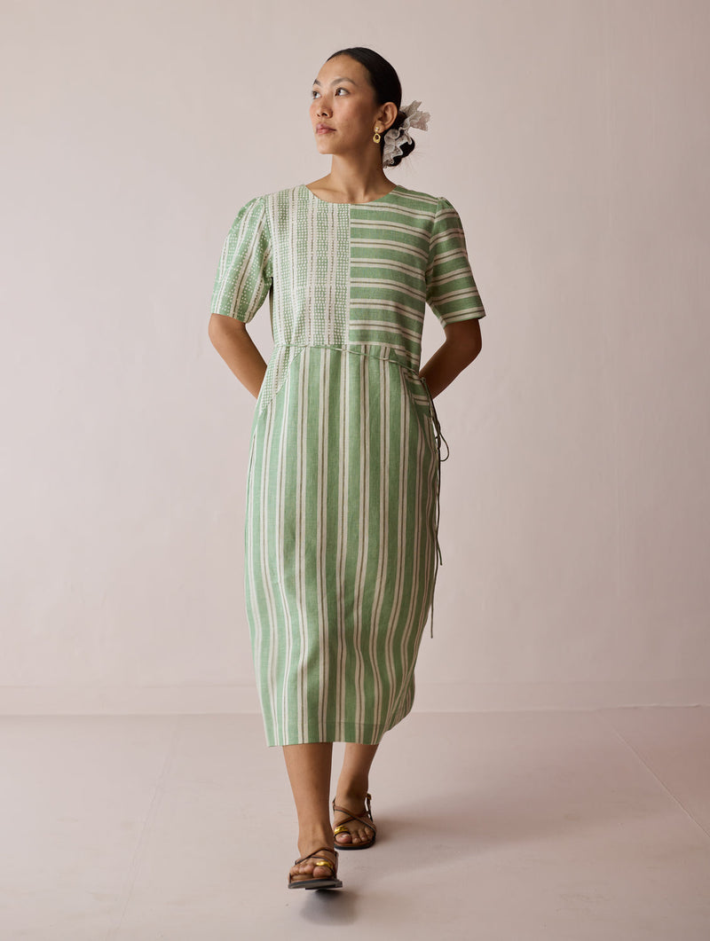 Sola Patchwork Block-Printed Linen Dress-Fern linen dress by Manan in green for women in Singapore