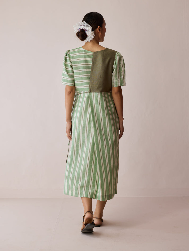 Sola Patchwork Block-Printed Linen Dress-Fern linen dress by Manan in green for women in Singapore