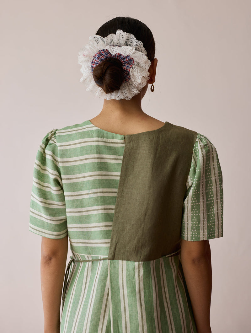 Sola Patchwork Block-Printed Linen Dress-Fern linen dress by Manan in green for women in Singapore
