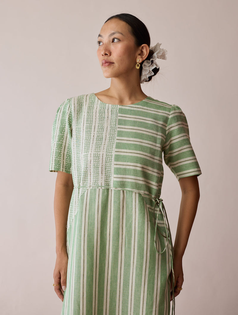 Sola Patchwork Block-Printed Linen Dress-Fern linen dress by Manan in green for women in Singapore