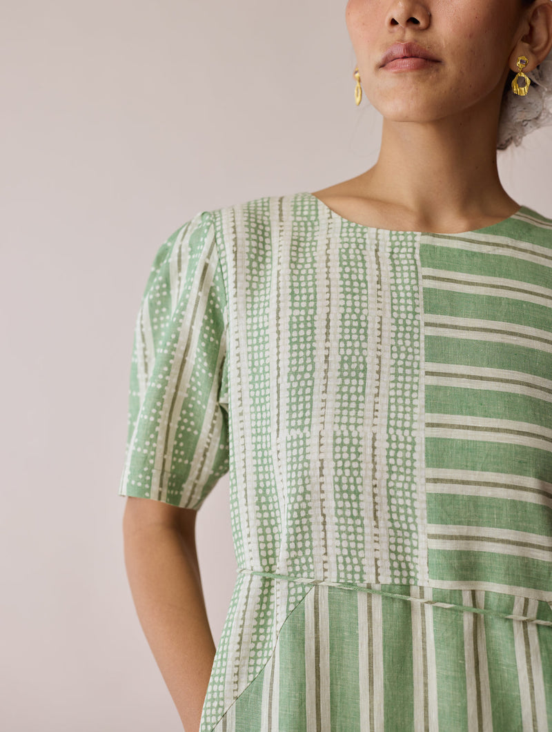Sola Patchwork Block-Printed Linen Dress-Fern linen dress by Manan in green for women in Singapore