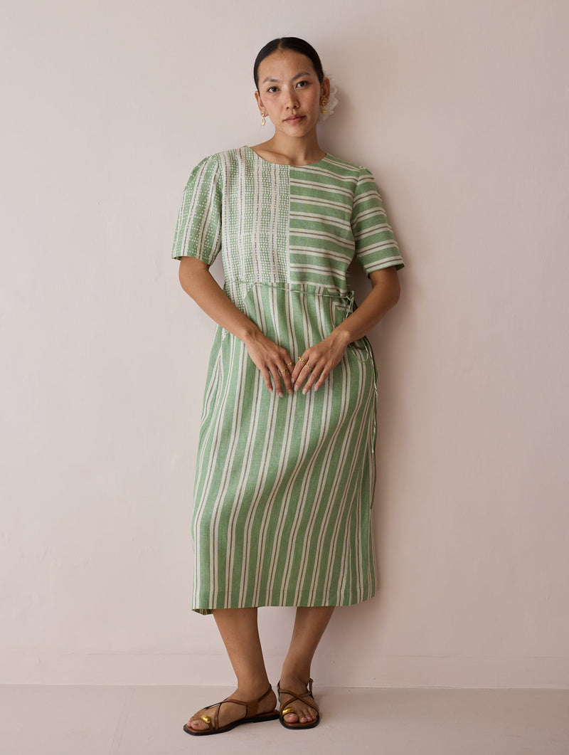 Sola Patchwork Block-Printed Linen Dress-Fern linen dress by Manan in green for women in Singapore
