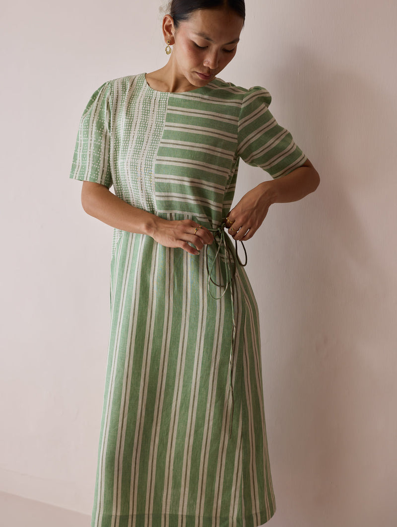 Sola Patchwork Block-Printed Linen Dress-Fern linen dress by Manan in green for women in Singapore