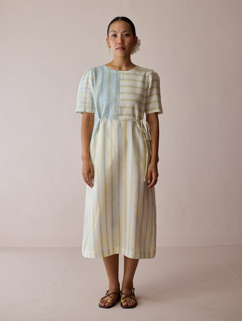 Sola Patchwork Block-Printed Linen Dress-Ivory linen dress by Manan in ivory for women in Singapore