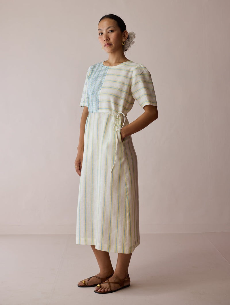 Sola Patchwork Block-Printed Linen Dress-Ivory linen dress by Manan in ivory for women in Singapore