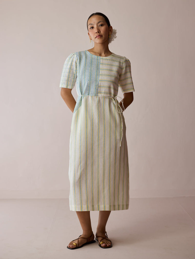 Sola Patchwork Block-Printed Linen Dress-Ivory linen dress by Manan in ivory for women in Singapore