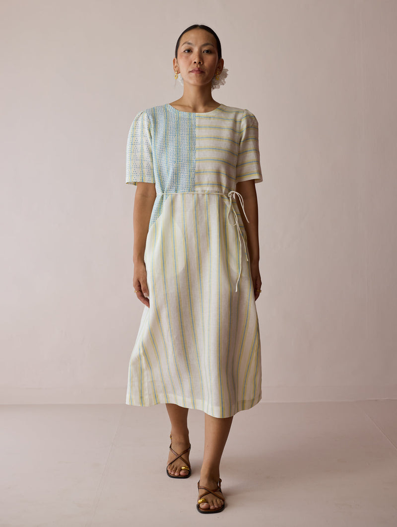 Sola Patchwork Block-Printed Linen Dress-Ivory linen dress by Manan in ivory for women in Singapore