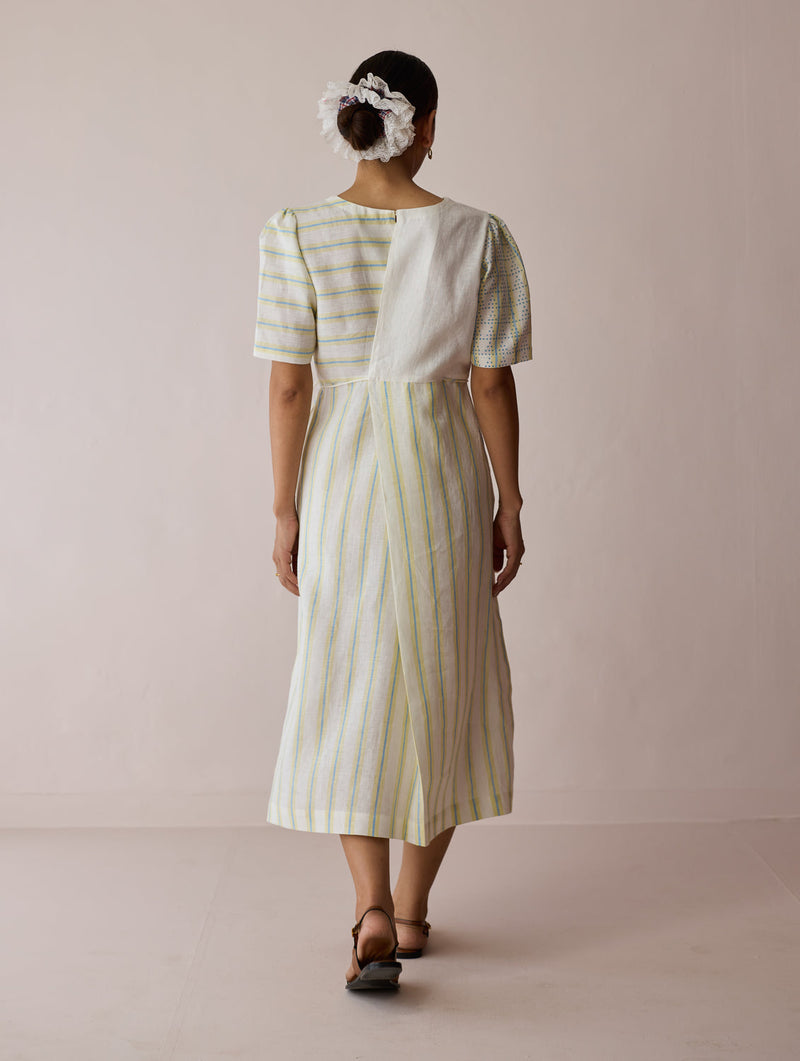 Sola Patchwork Block-Printed Linen Dress-Ivory linen dress by Manan in ivory for women in Singapore
