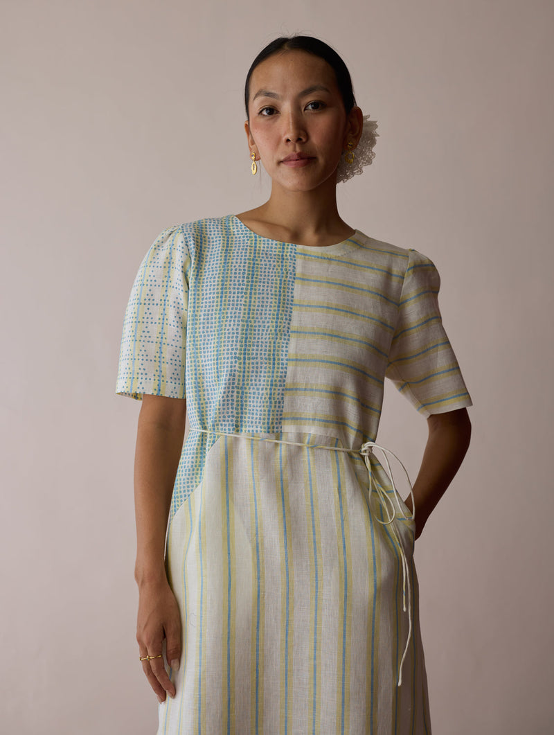 Sola Patchwork Block-Printed Linen Dress-Ivory linen dress by Manan in ivory for women in Singapore