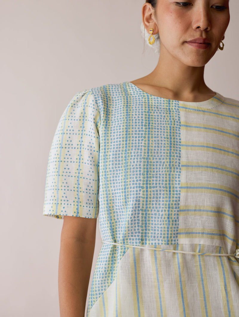 Sola Patchwork Block-Printed Linen Dress-Ivory linen dress by Manan in ivory for women in Singapore