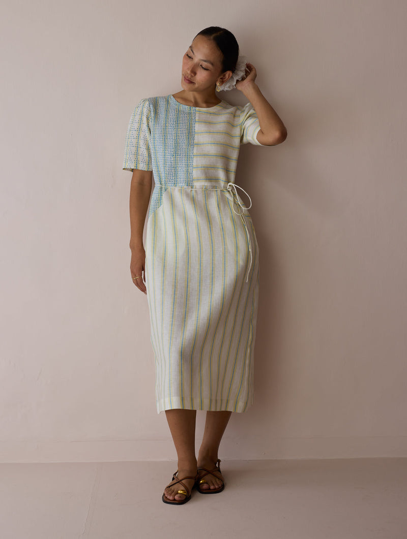Sola Patchwork Block-Printed Linen Dress-Ivory linen dress by Manan in ivory for women in Singapore