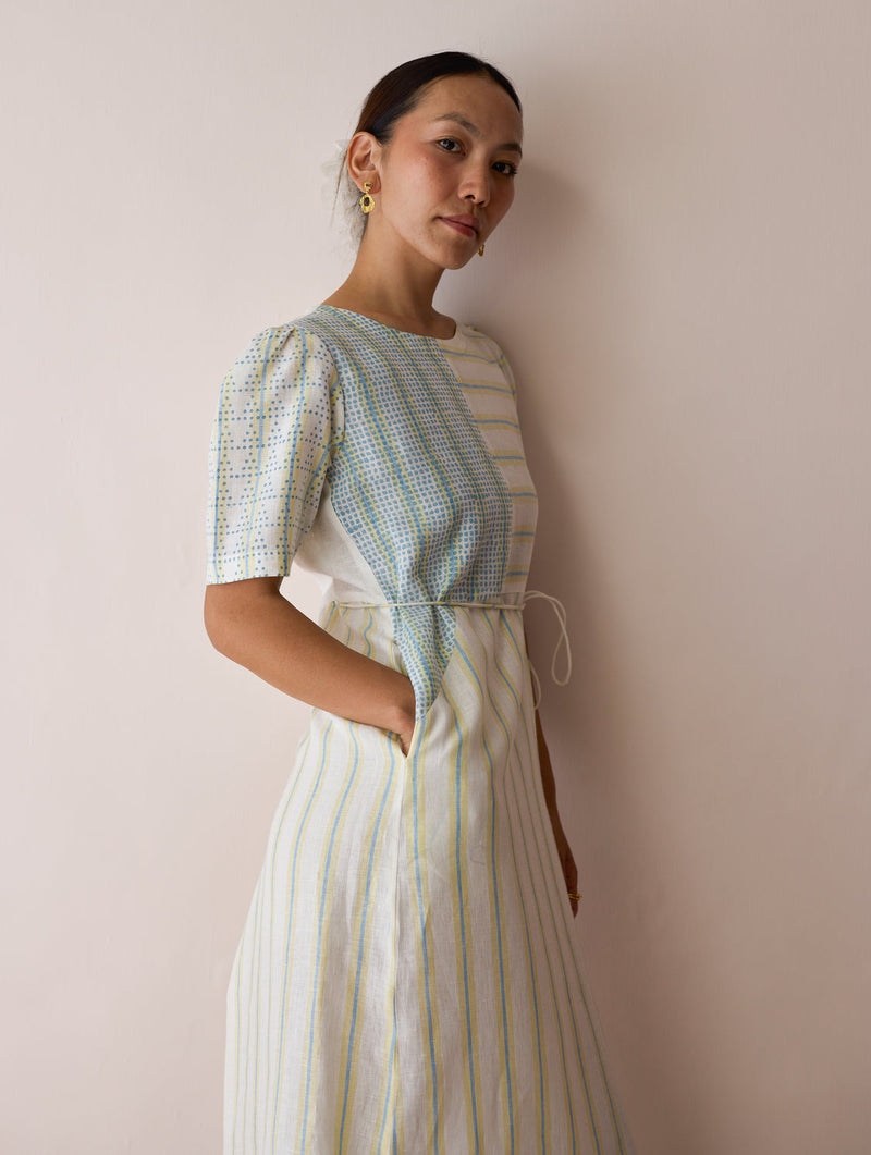 Sola Patchwork Block-Printed Linen Dress-Ivory linen dress by Manan in ivory for women in Singapore
