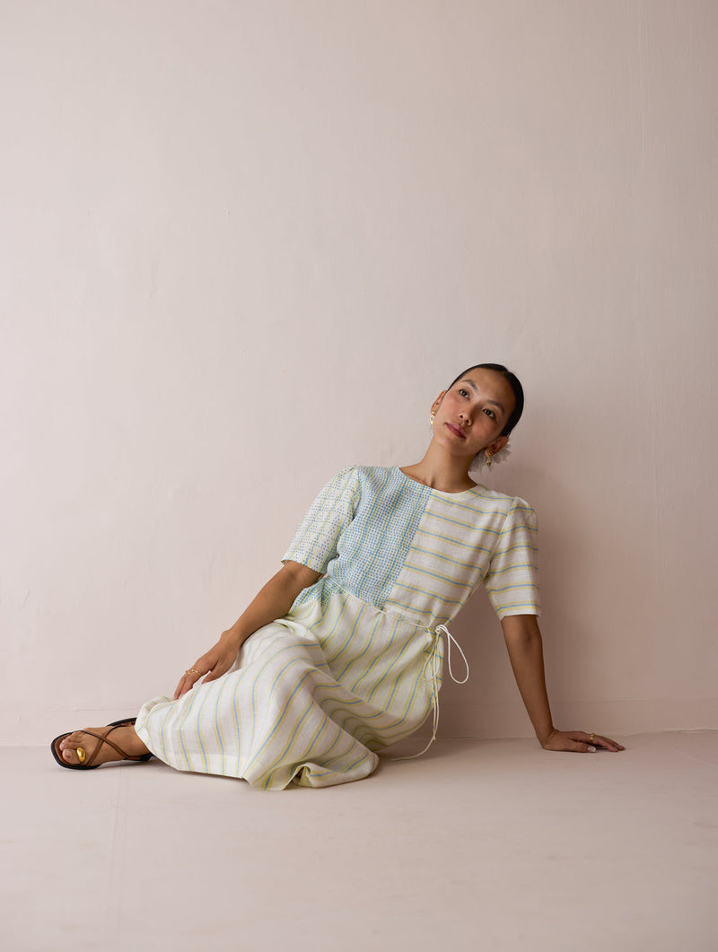 Sola Patchwork Block-Printed Linen Dress-Ivory linen dress by Manan in ivory for women in Singapore