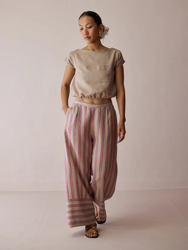 Carmi Wide Leg Stripe Linen Pants-Natural linen pant/trouser by Manan in off white for women in Singapore