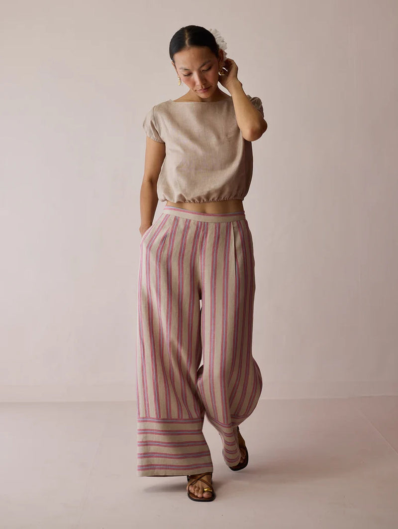 Carmi Wide Leg Stripe Linen Pants-Natural linen pant/trouser by Manan in off white for women in Singapore