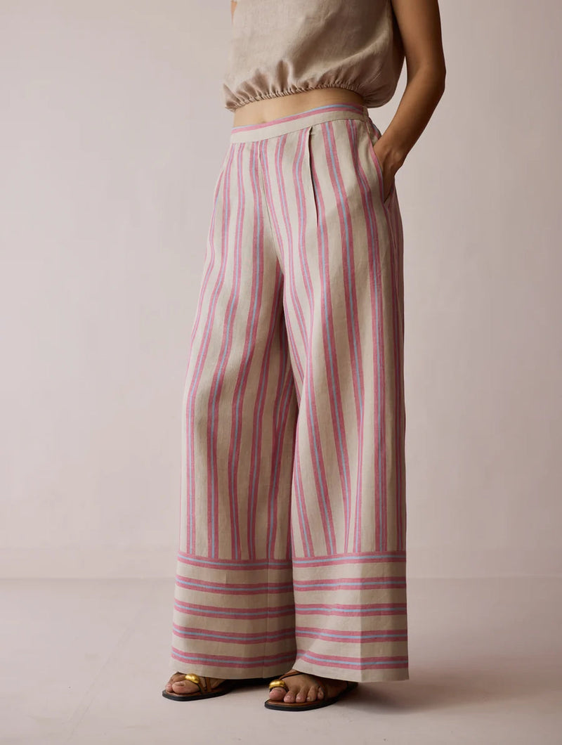 Carmi Wide Leg Stripe Linen Pants-Natural linen pant/trouser by Manan in off white for women in Singapore