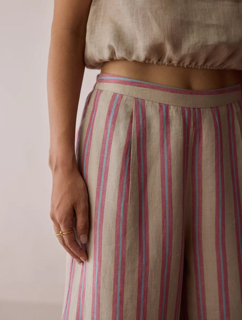 Carmi Wide Leg Stripe Linen Pants-Natural linen pant/trouser by Manan in off white for women in Singapore