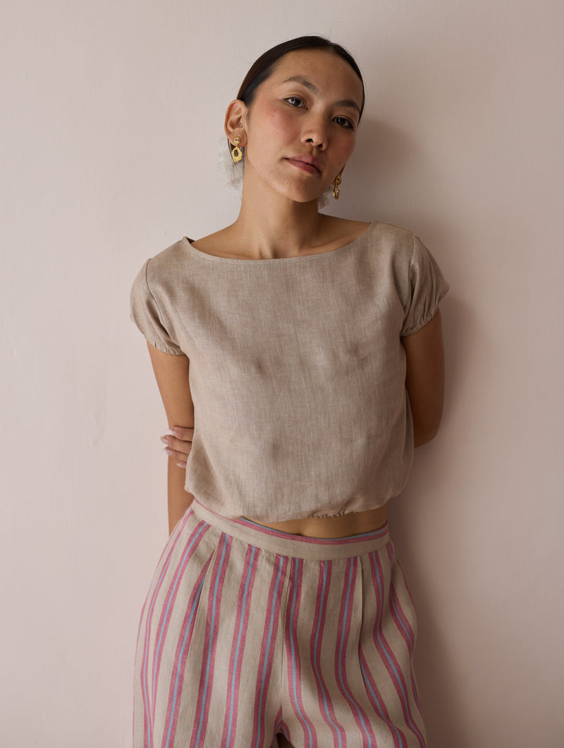 Rimi Linen Crop Top-Natural linen top/shirt by Manan in off white for women in Singapore