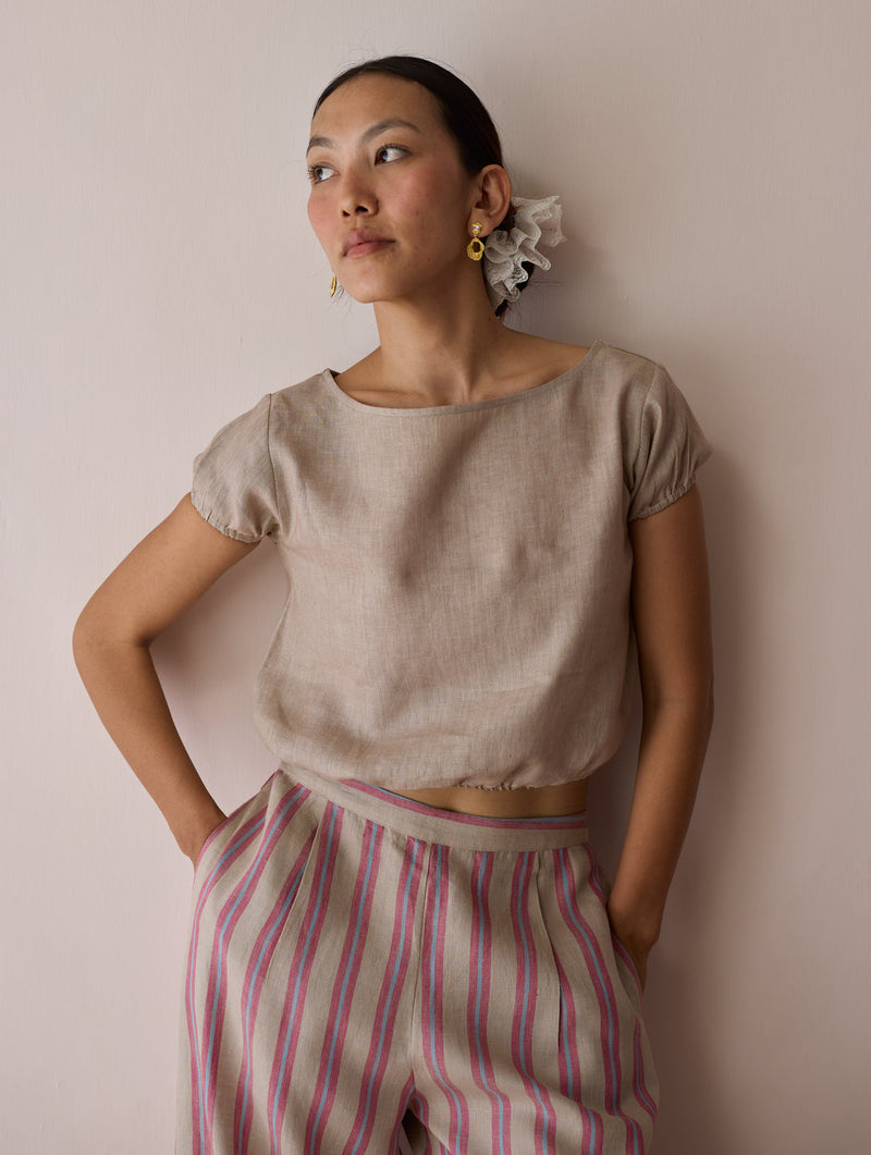 Rimi Linen Co-ord Set-Natural linen co-ord set by Manan in off white for women in Singapore