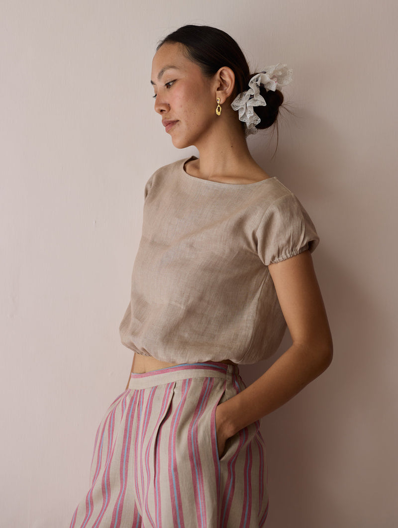 Rimi Linen Crop Top-Natural linen top/shirt by Manan in off white for women in Singapore