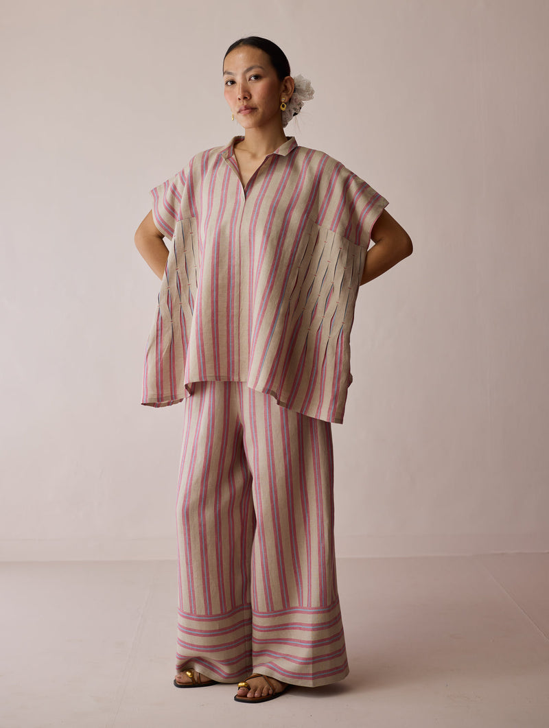 Venn Pleated Stripe Linen Top-Natural linen top/shirt by Manan in off white for women in Singapore