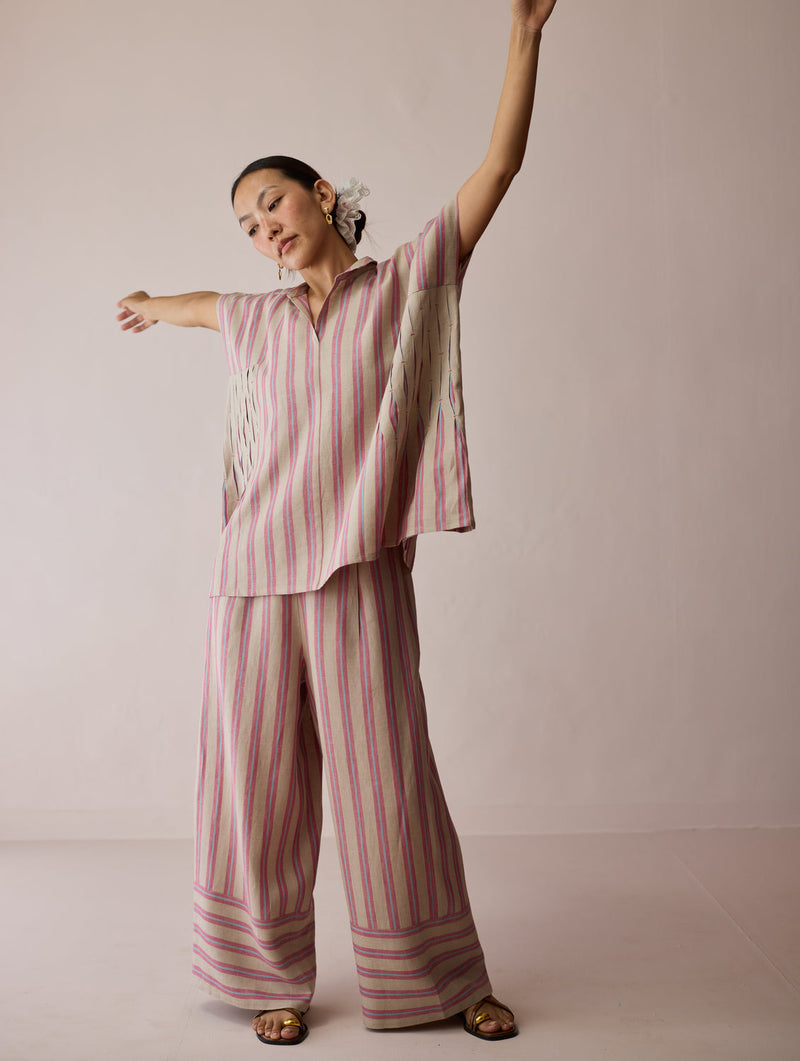 Venn Pleated Linen Co-ord-Natural linen co-ord set by Manan in off white for women in Singapore