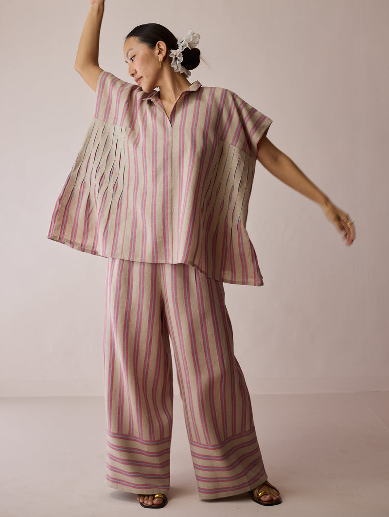 Venn Pleated Linen Co-ord-Natural linen co-ord set by Manan in off white for women in Singapore