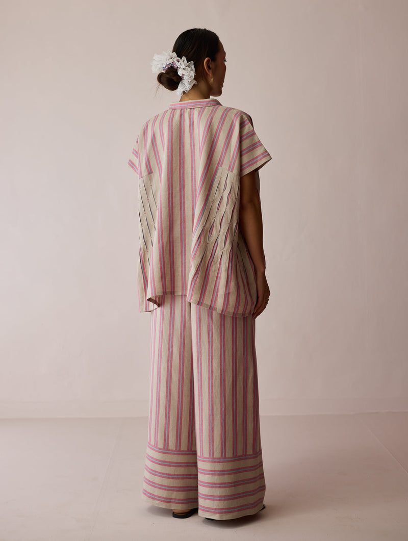Venn Pleated Linen Co-ord-Natural linen co-ord set by Manan in off white for women in Singapore