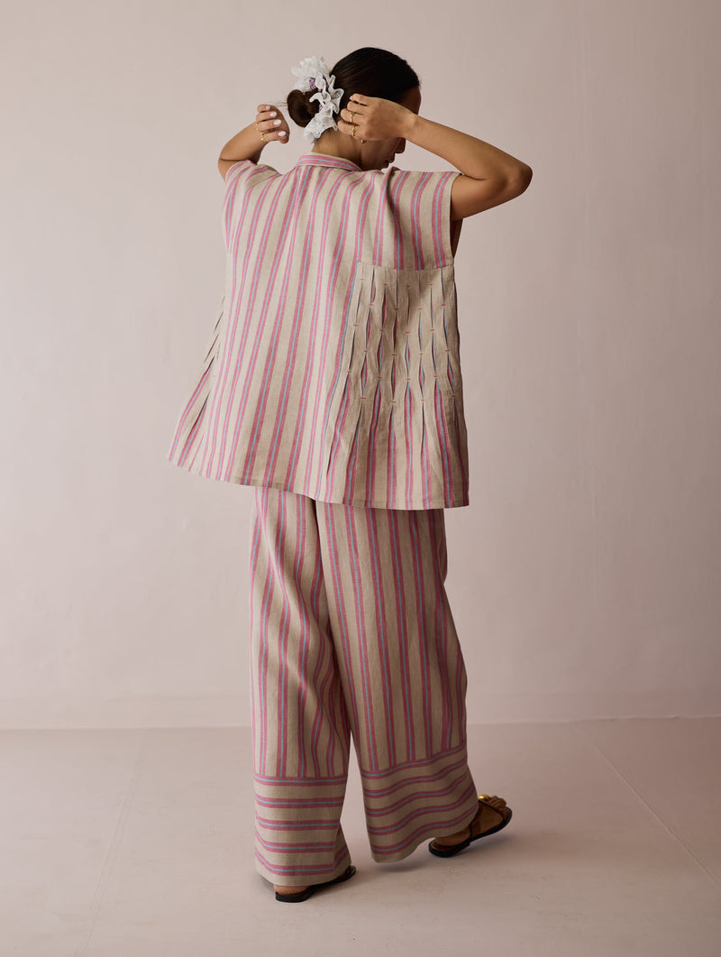 Venn Pleated Linen Co-ord-Natural linen co-ord set by Manan in off white for women in Singapore