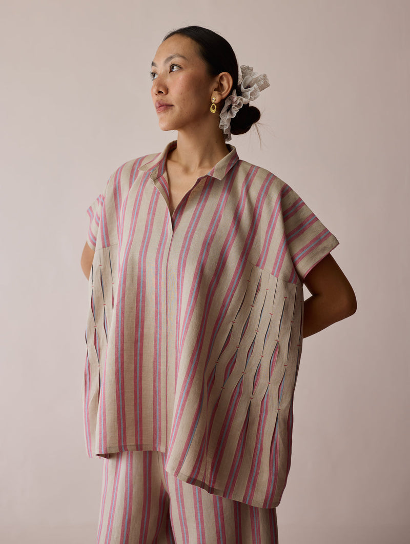Venn Pleated Linen Co-ord-Natural linen co-ord set by Manan in off white for women in Singapore