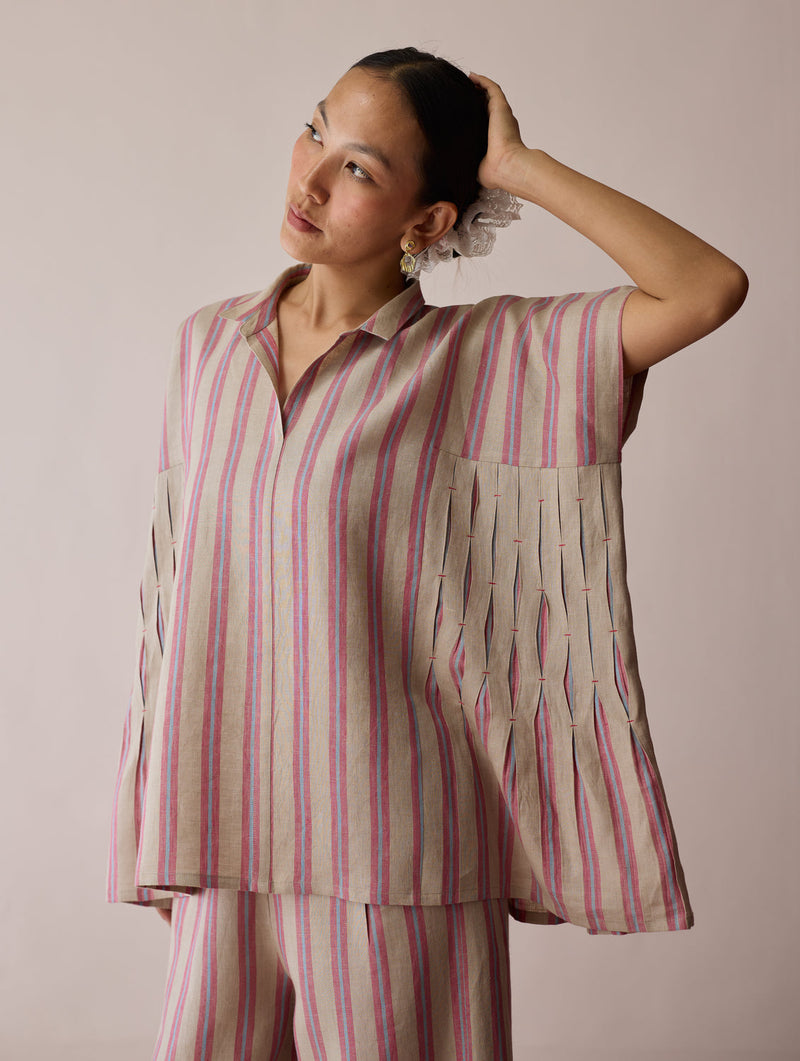 Venn Pleated Stripe Linen Top-Natural linen top/shirt by Manan in off white for women in Singapore