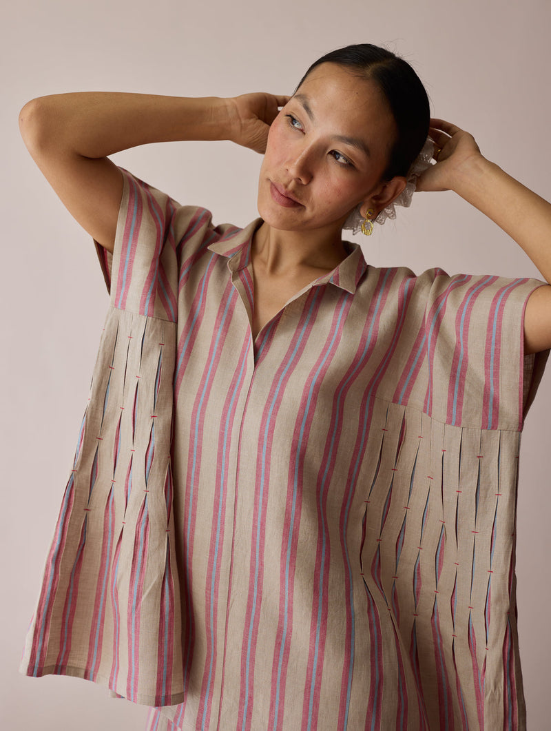 Venn Pleated Stripe Linen Top-Natural linen top/shirt by Manan in off white for women in Singapore