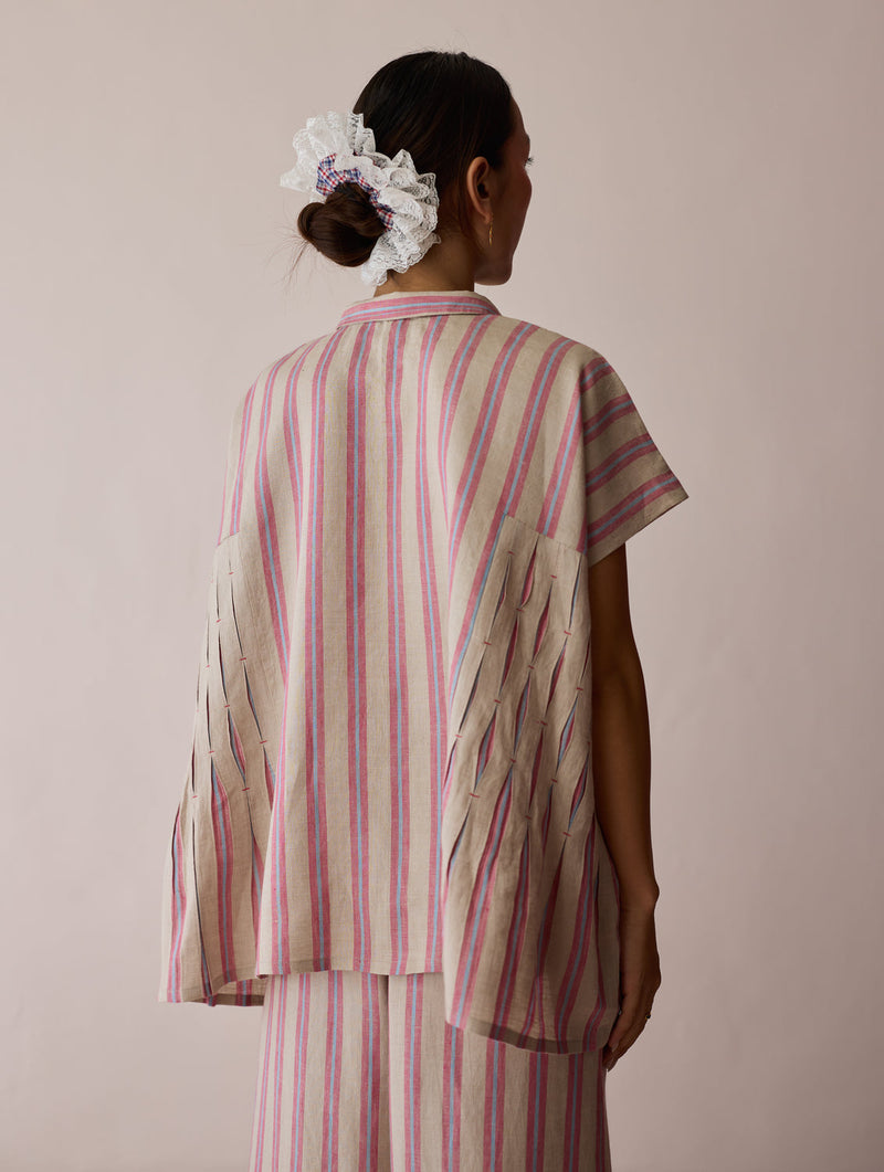 Venn Pleated Linen Co-ord-Natural linen co-ord set by Manan in off white for women in Singapore