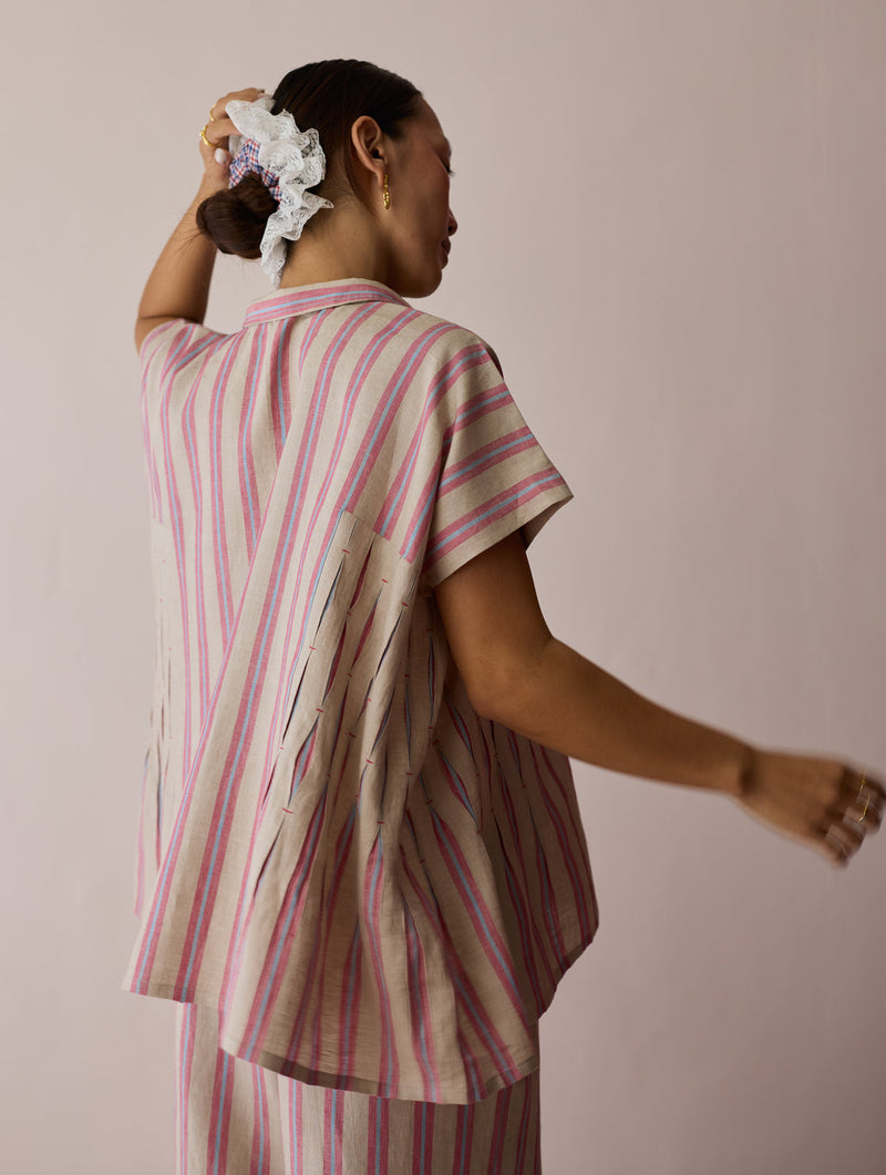 Venn Pleated Stripe Linen Top-Natural linen top/shirt by Manan in off white for women in Singapore
