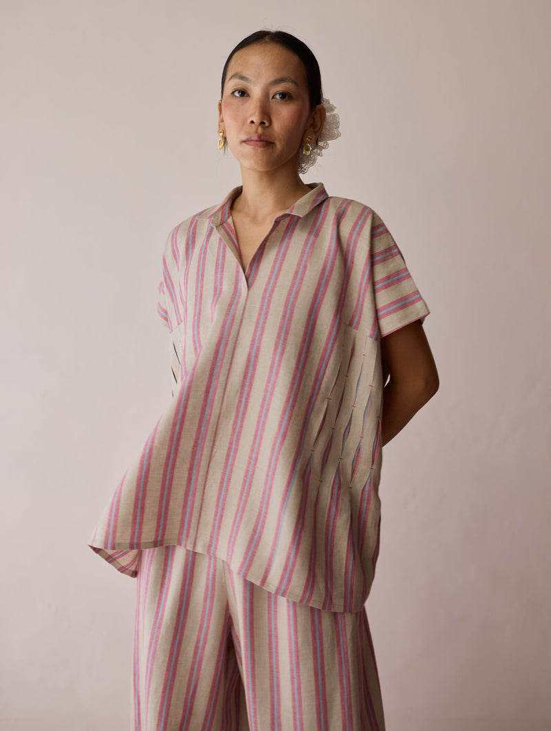 Venn Pleated Linen Co-ord-Natural linen co-ord set by Manan in off white for women in Singapore