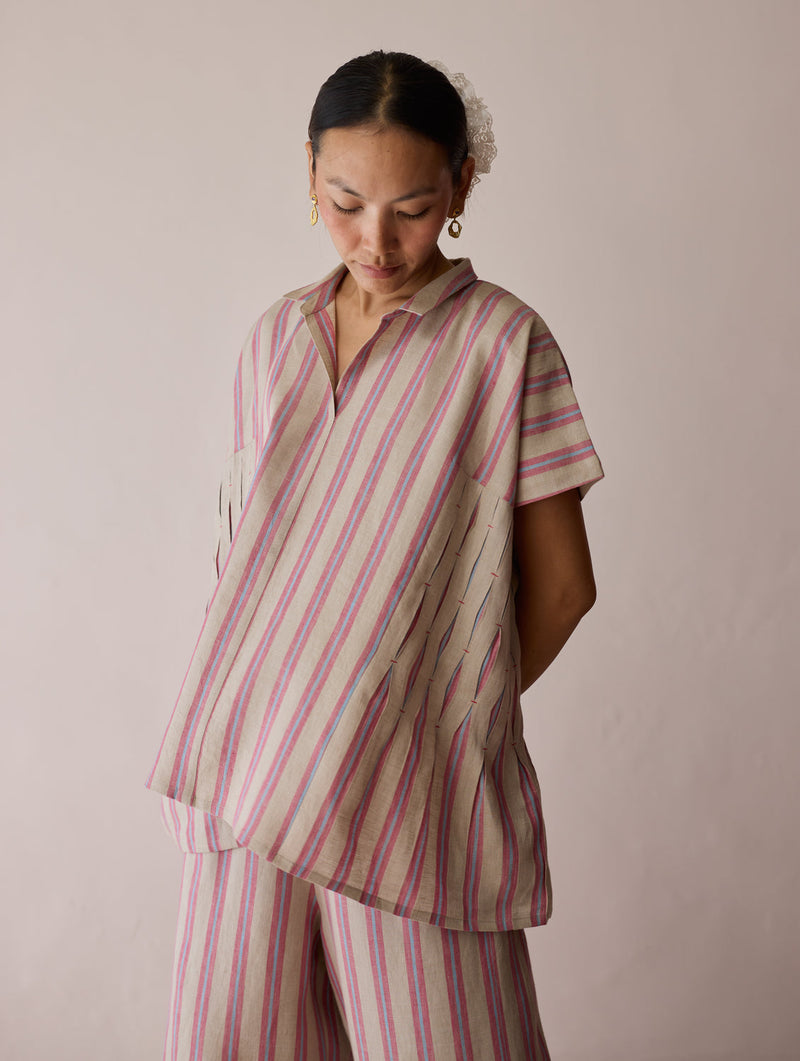 Venn Pleated Stripe Linen Top-Natural linen top/shirt by Manan in off white for women in Singapore