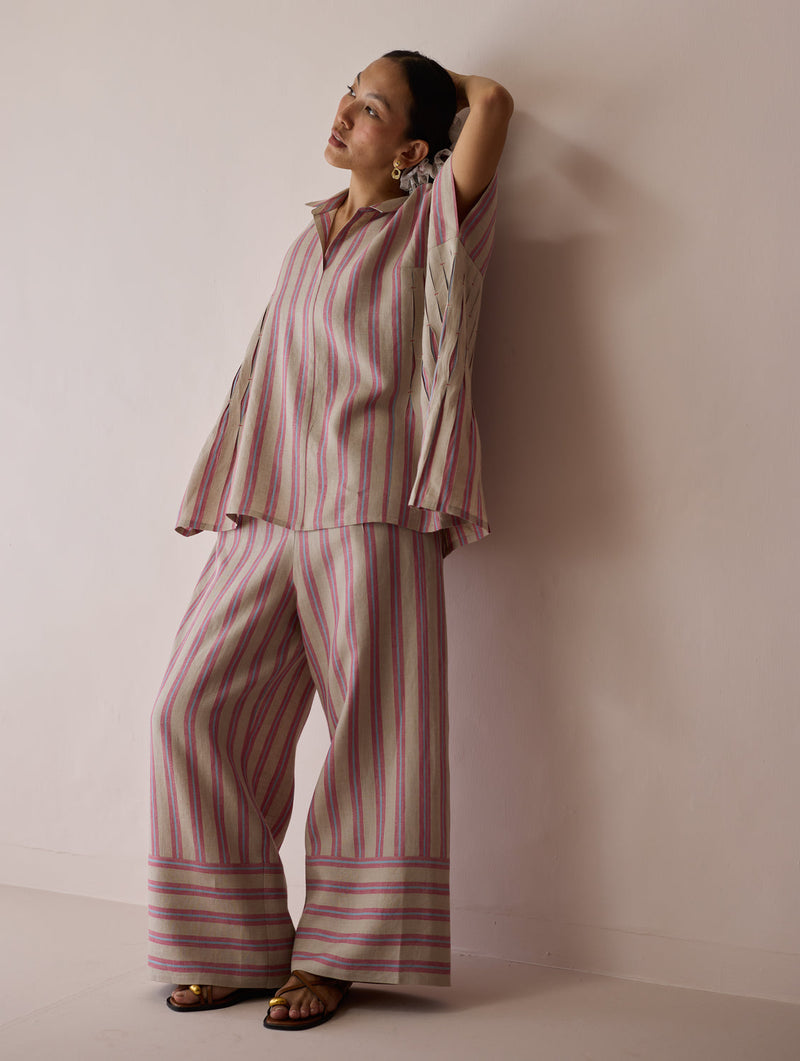 Venn Pleated Linen Co-ord-Natural linen co-ord set by Manan in off white for women in Singapore