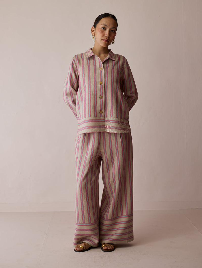 Erra Block-Printed Linen Co-ord-Natural linen co-ord set by Manan in off white for women in Singapore