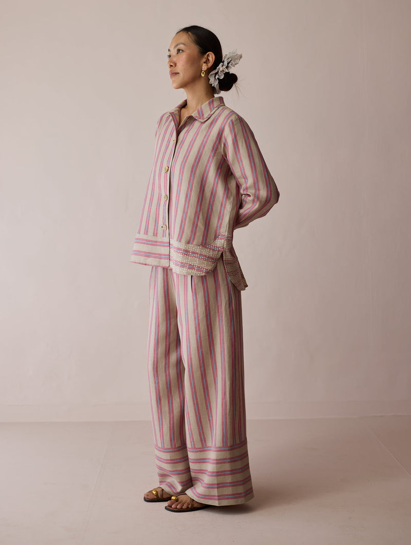 Erra Block-Printed Linen Co-ord-Natural linen co-ord set by Manan in off white for women in Singapore