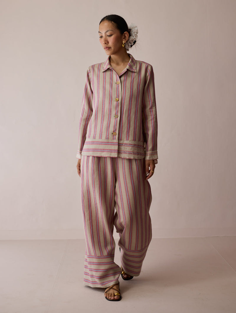 Erra Block-Printed Stripe Linen Shirt-Natural linen top/shirt by Manan in off white for women in Singapore