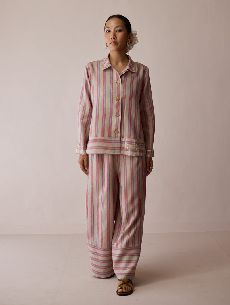 Erra Block-Printed Linen Co-ord-Natural linen co-ord set by Manan in off white for women in Singapore