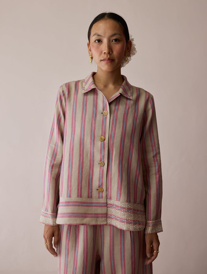 Erra Block-Printed Stripe Linen Shirt-Natural linen top/shirt by Manan in off white for women in Singapore