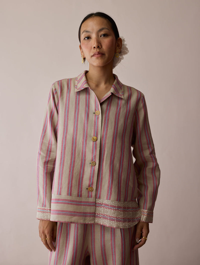 Erra Block-Printed Linen Co-ord-Natural linen co-ord set by Manan in off white for women in Singapore