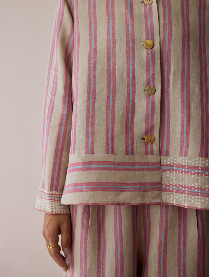 Erra Block-Printed Linen Co-ord-Natural linen co-ord set by Manan in off white for women in Singapore