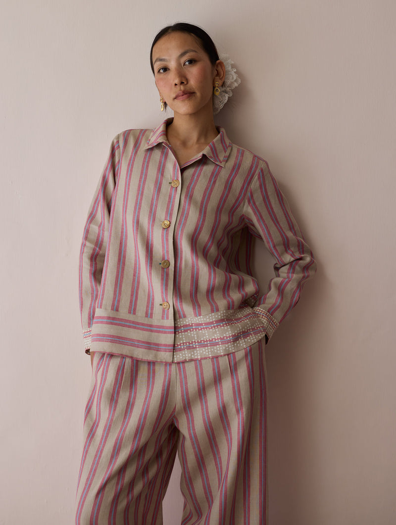 Erra Block-Printed Linen Co-ord-Natural linen co-ord set by Manan in off white for women in Singapore