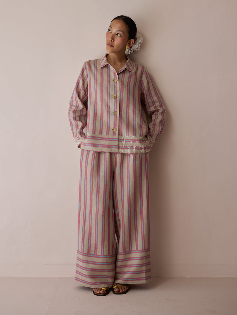 Erra Block-Printed Linen Co-ord-Natural linen co-ord set by Manan in off white for women in Singapore